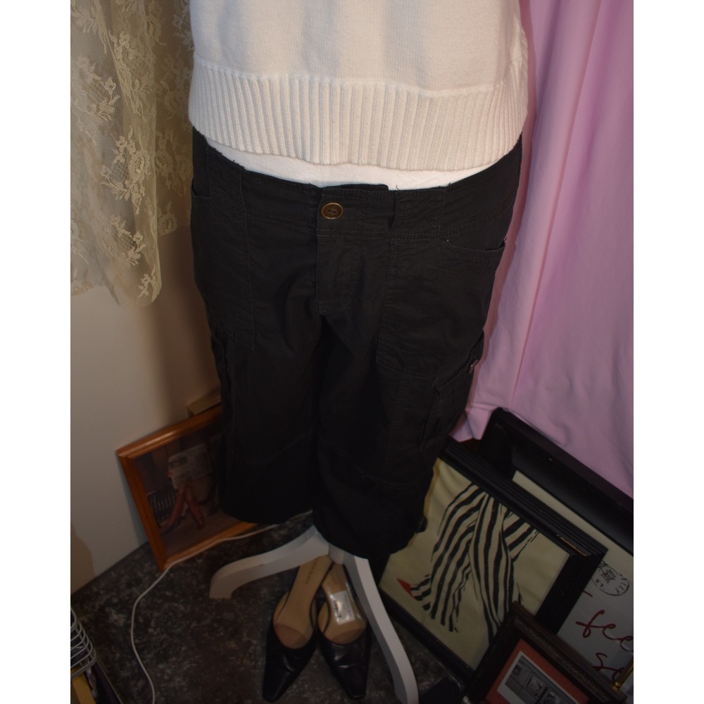 RuffHewn Soho Utility Capris Womens 6 Black Cargo Cropped Pants Drawstring Hem